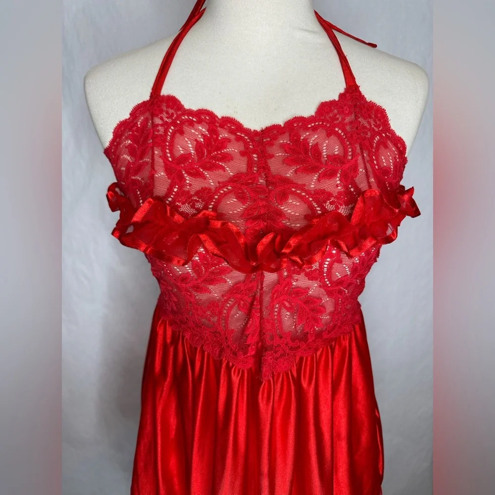 Vintage Red Lace & Satin Babydoll Slip Dress Lingerie Vamp Glamour Valentines - Picture 3 of 15